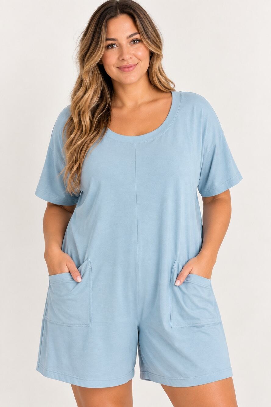 Rae Mode Blue Cotton Pocket Romper – Size 1XL